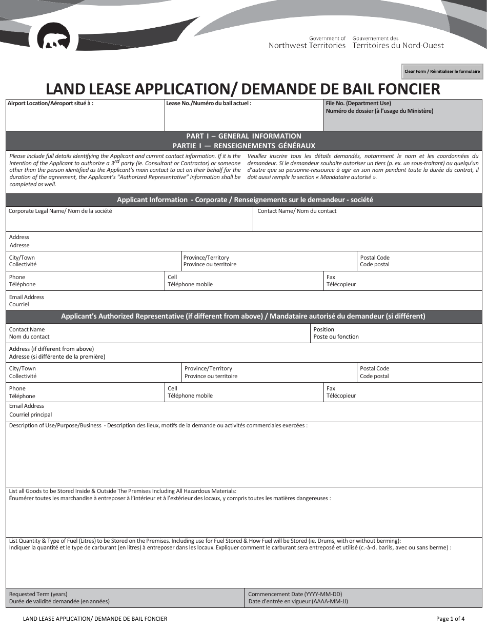 Land Lease Application - Northwest Territories, Canada (English / French), Page 1