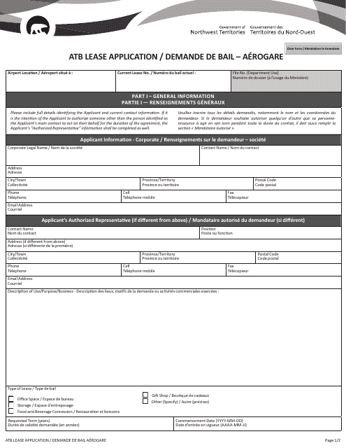 Atb Lease Application - Northwest Territories, Canada (English / French) Download Pdf
