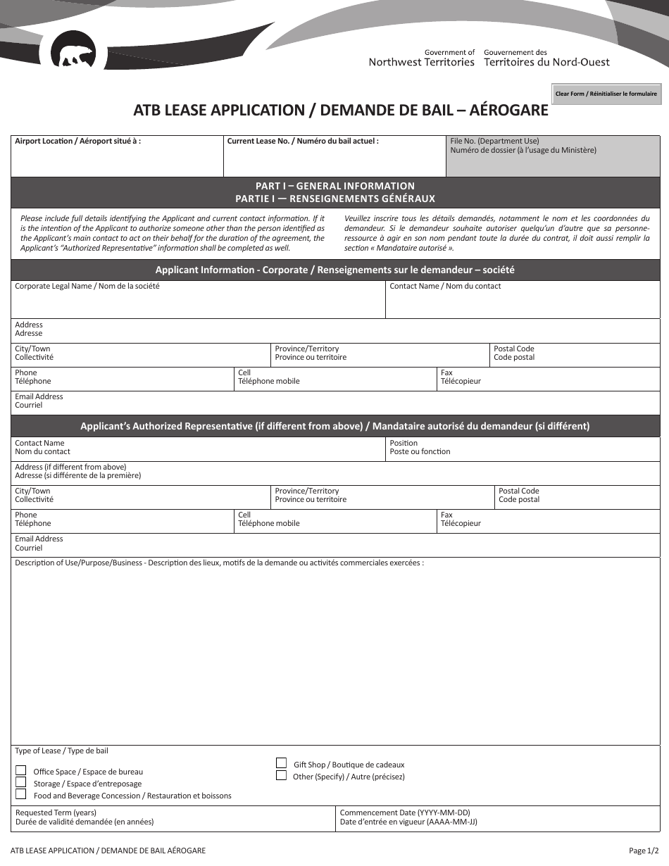 Atb Lease Application - Northwest Territories, Canada (English / French), Page 1