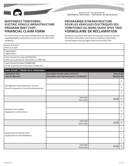 Form NWT9342 Financial Claim Form - Northwest Territories Electric Vehicle Infrastructure Program (Nwt Evip) - Northwest Territories, Canada (English/French)