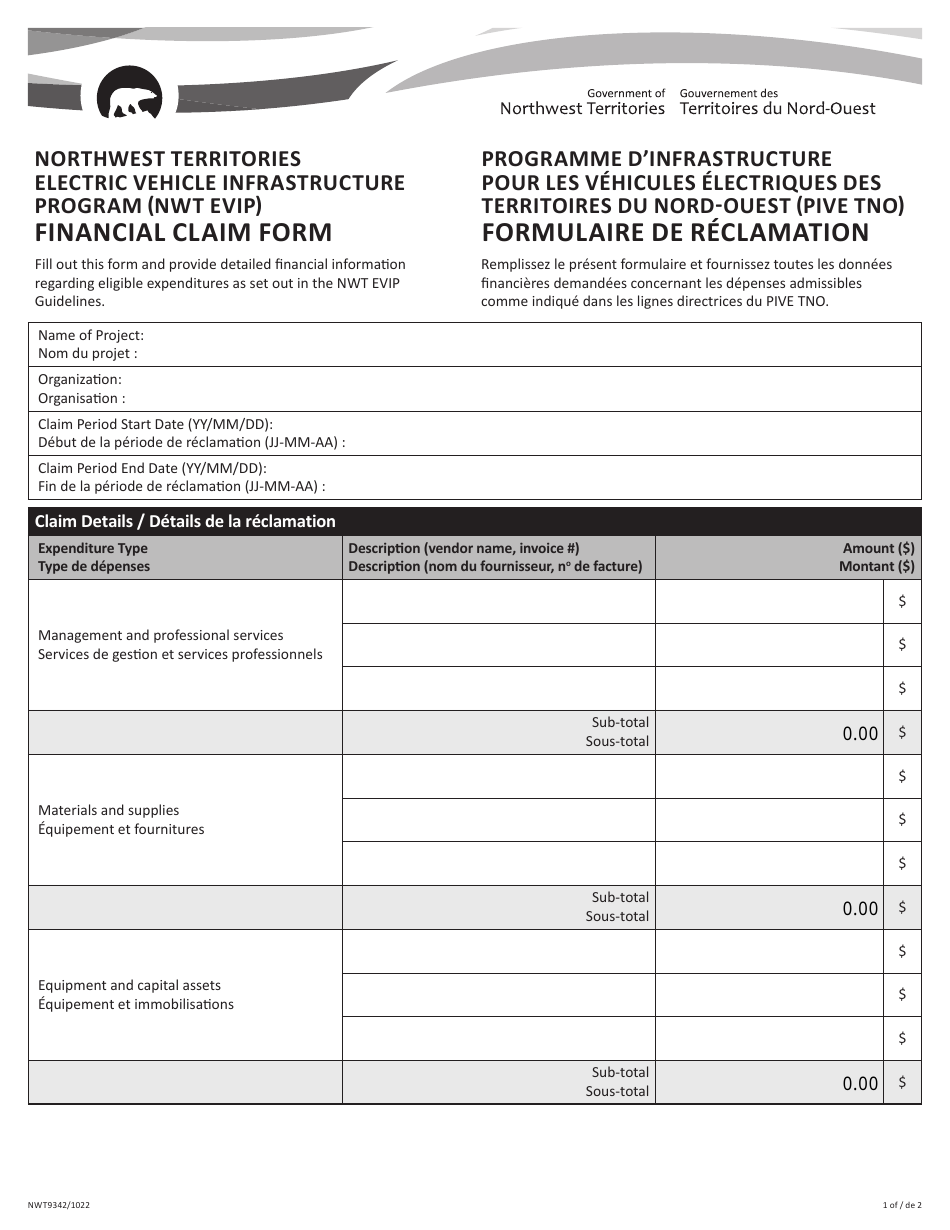 Form NWT9342 Financial Claim Form - Northwest Territories Electric Vehicle Infrastructure Program (Nwt Evip) - Northwest Territories, Canada (English / French), Page 1