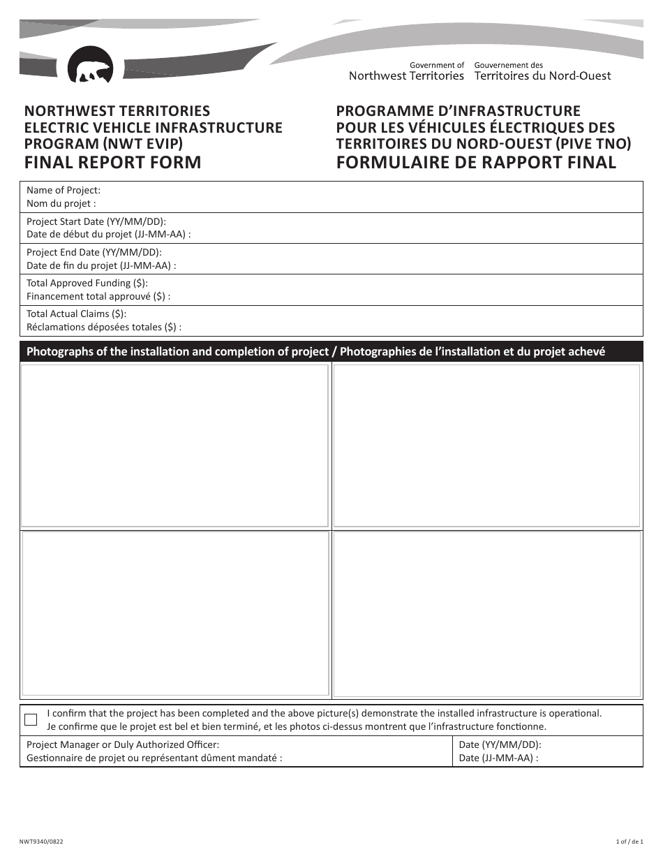 Form NWT9340 Final Report Form - Northwest Territories Electric Vehicle Infrastructure Program (Nwt Evip) - Northwest Territories, Canada (English / French), Page 1