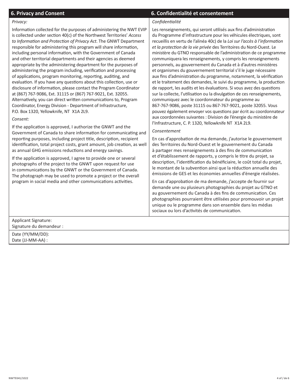 Form NWT9341 Application Form - Northwest Territories Electric Vehicle Infrastructure Program (Nwt Evip) - Northwest Territories, Canada (English / French), Page 4