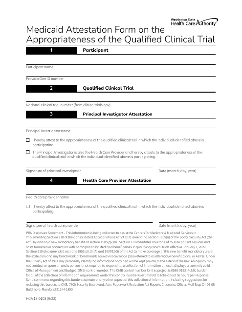 Form HCA13-0103 Medicaid Attestation Form on the Appropriateness of the Qualified Clinical Trial - Washington