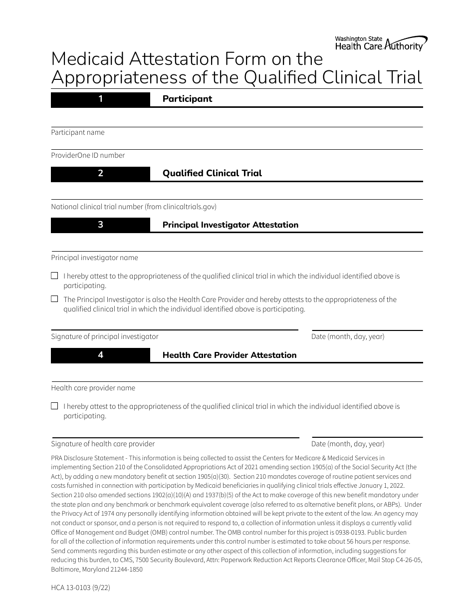 Form HCA13-0103 Medicaid Attestation Form on the Appropriateness of the Qualified Clinical Trial - Washington, Page 1
