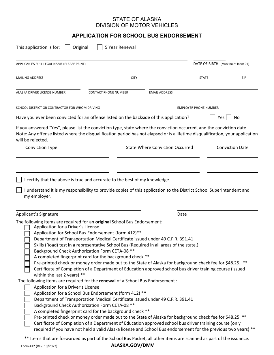 Form 412 Application for School Bus Endorsement - Alaska, Page 1