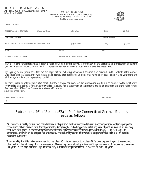 Form B-303 Inflatable Restraint System Air Bag Certification Statement - Connecticut