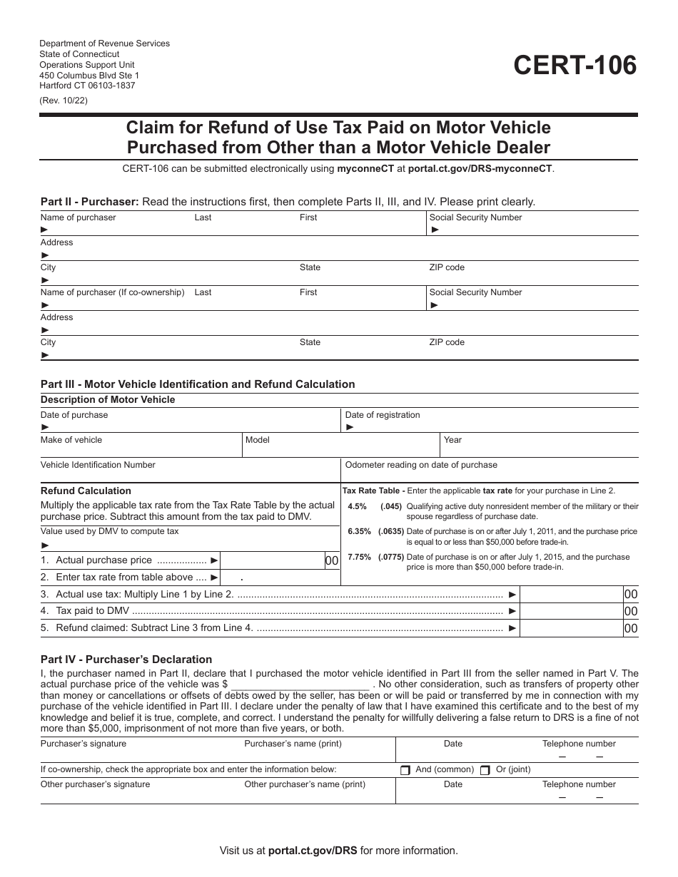 Form CERT-106 Claim for Refund of Use Tax Paid on Motor Vehicle Purchased From Other Than a Motor Vehicle Dealer - Connecticut, Page 1