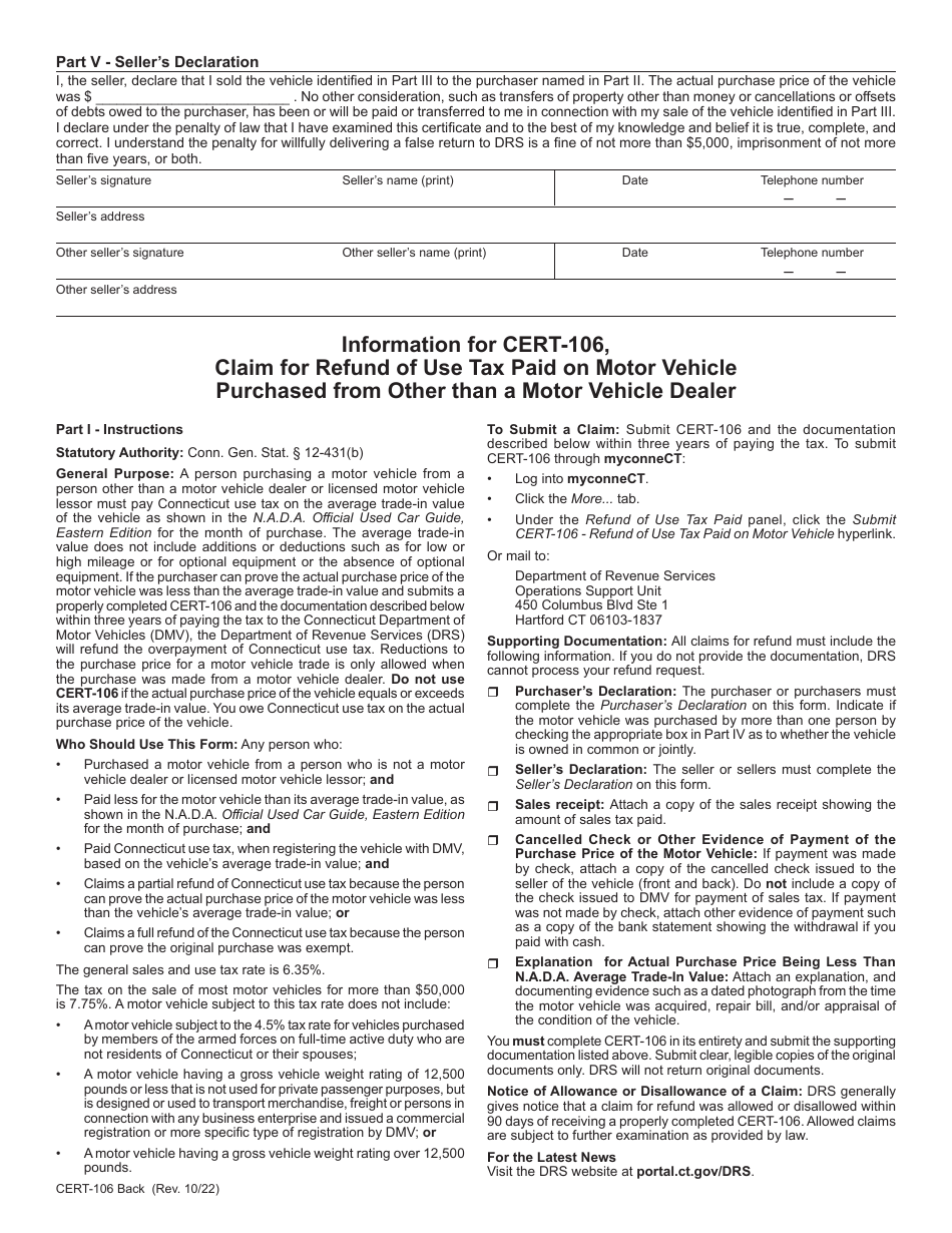 Form CERT-106 Claim for Refund of Use Tax Paid on Motor Vehicle Purchased From Other Than a Motor Vehicle Dealer - Connecticut, Page 2