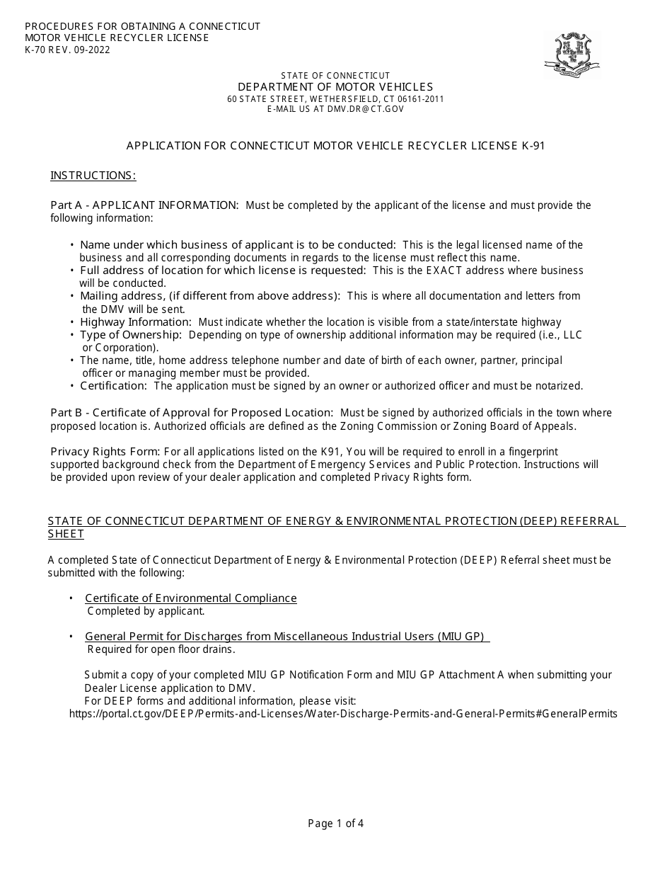 Instructions for Form K-91 Application for Connecticut Motor Vehicle Recycler License - Connecticut, Page 1