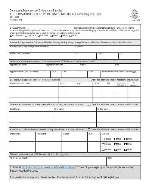 Form DCF-3031 Authorization for Dcf Cps Background Check (Central Registry Only) - Connecticut