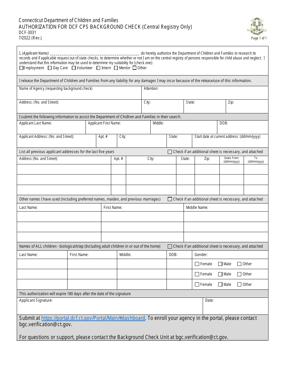 Form DCF-3031 Authorization for Dcf Cps Background Check (Central Registry Only) - Connecticut, Page 1