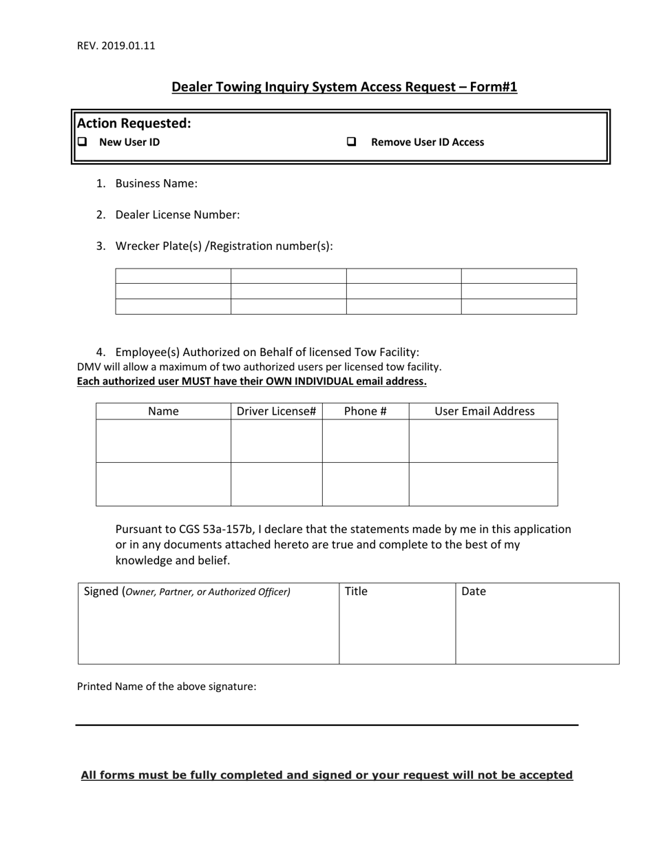Form 1 Dealer Towing Inquiry System Access Request - Connecticut, Page 1
