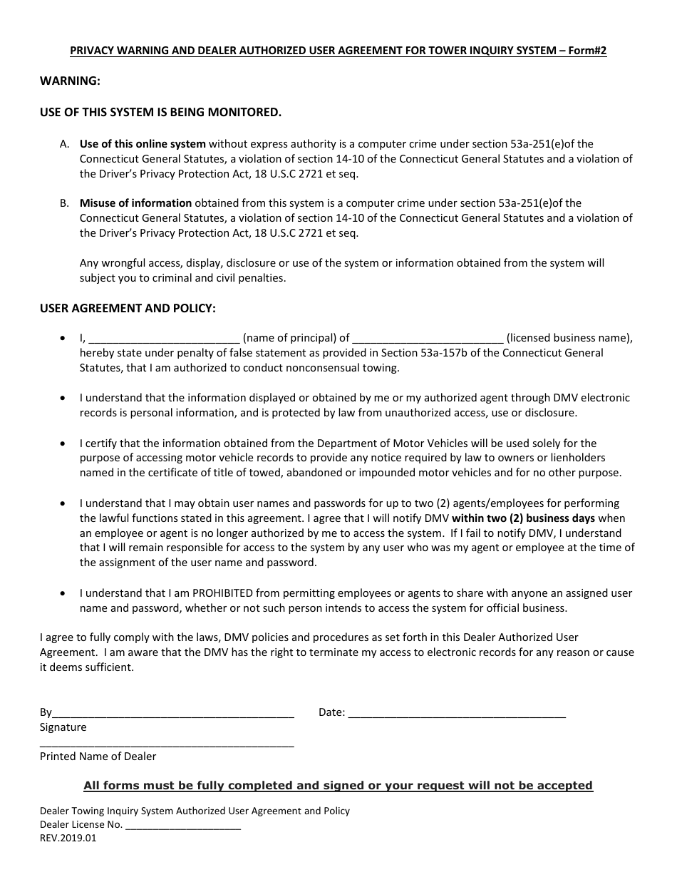 Form 2 Dealer Towing Inquiry System Authorized User Agreement - Connecticut, Page 1