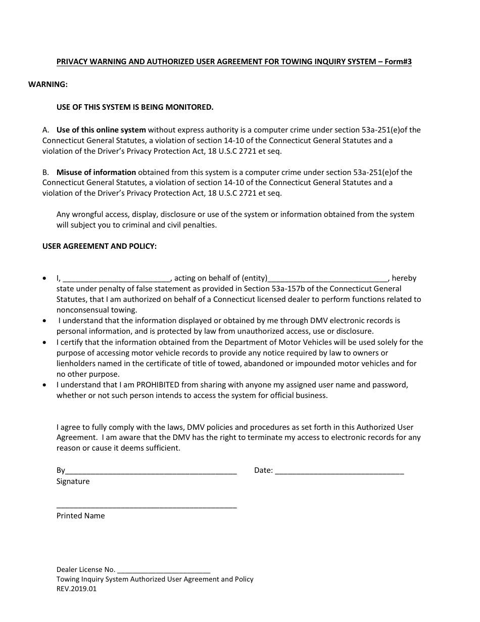 Form 3 Privacy Warning and Authorized User Agreement for Towing Inquiry System - Connecticut, Page 1