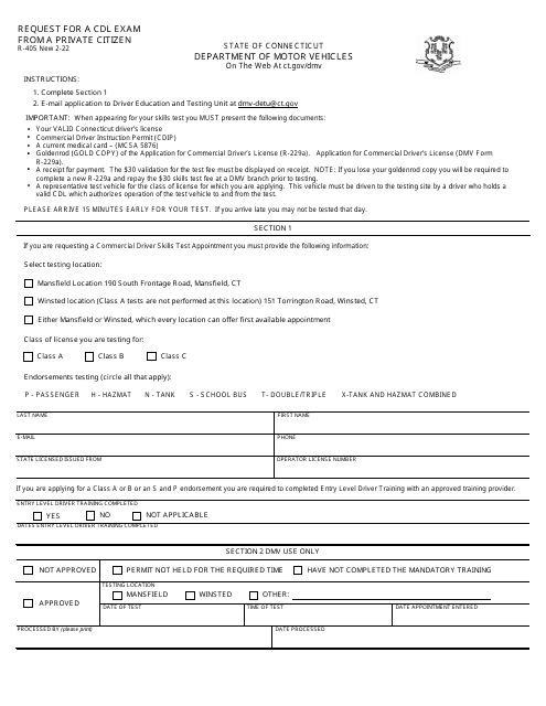 Form R-405 Request for a Cdl Exam From a Private Citizen - Connecticut
