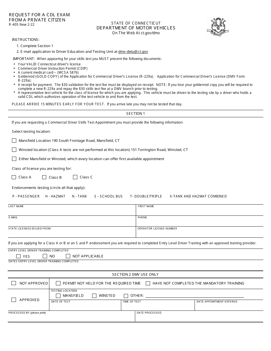 Form R-405 Request for a Cdl Exam From a Private Citizen - Connecticut, Page 1
