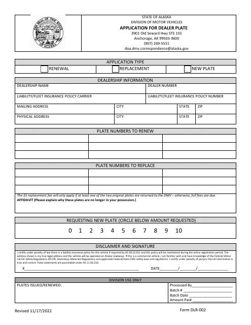 Form DLR-002 Application for Dealer Plate - Alaska