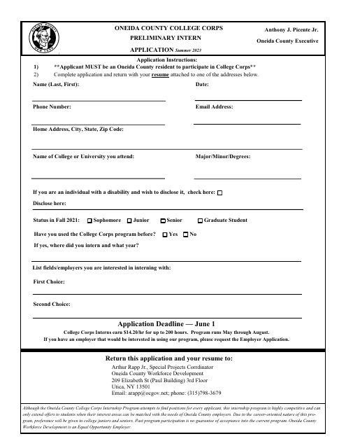 Preliminary Intern Application - Oneida County College Corps - Oneida County, New York, 2023