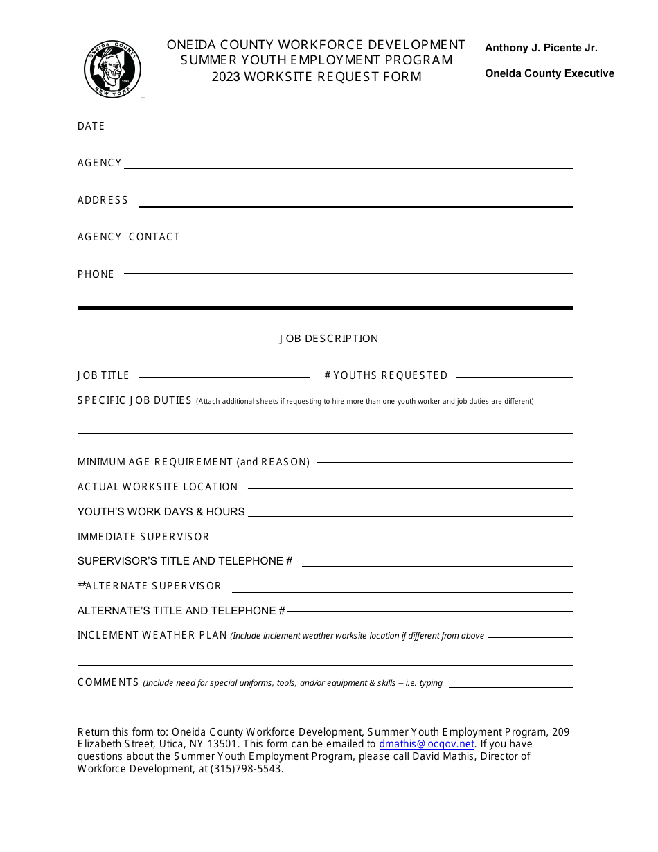 Worksite Request Form - Summer Youth Employment Program - Oneida County, New York, Page 1