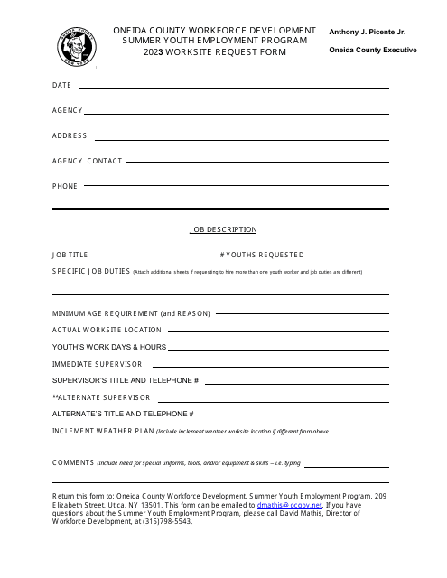 Worksite Request Form - Summer Youth Employment Program - Oneida County, New York, 2023