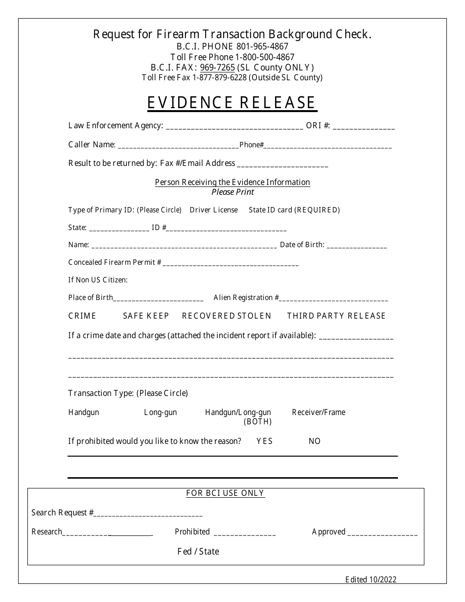 Request for Firearm Transaction Background Check - Evidence Release - Utah, Page 1