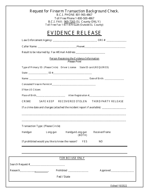Request for Firearm Transaction Background Check - Evidence Release - Utah Download Pdf