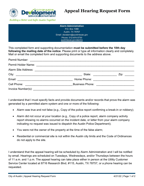 Appeal Hearing Request Form - City of Austin, Texas Download Pdf