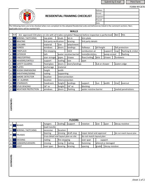 Form RFC878 Residential Framing Checklist - City of Austin, Texas