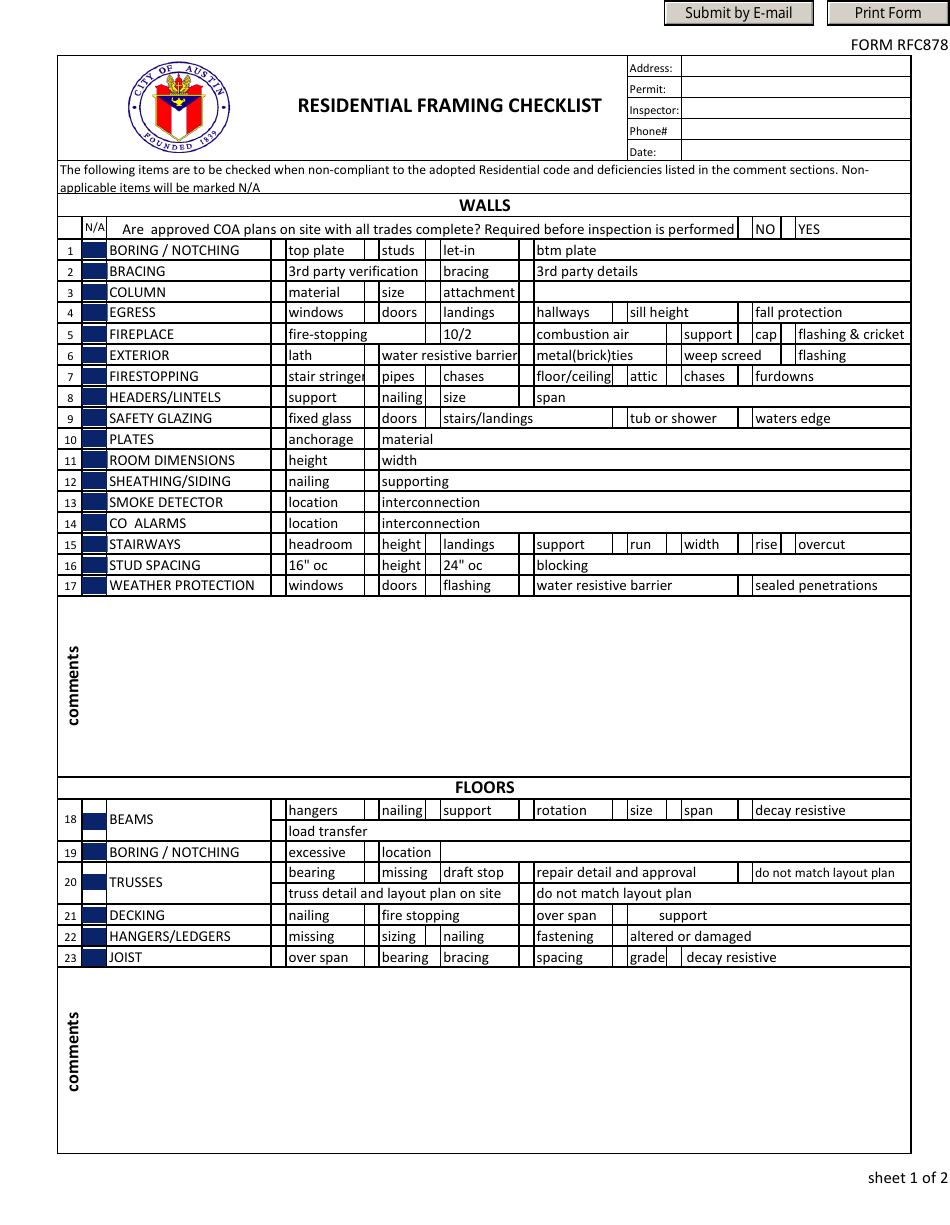 Form RFC878 Residential Framing Checklist - City of Austin, Texas, Page 1