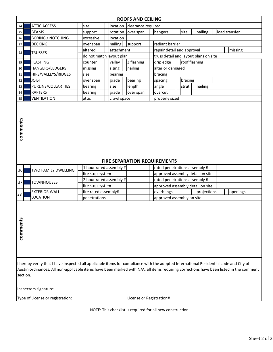 Form RFC878 Residential Framing Checklist - City of Austin, Texas, Page 2
