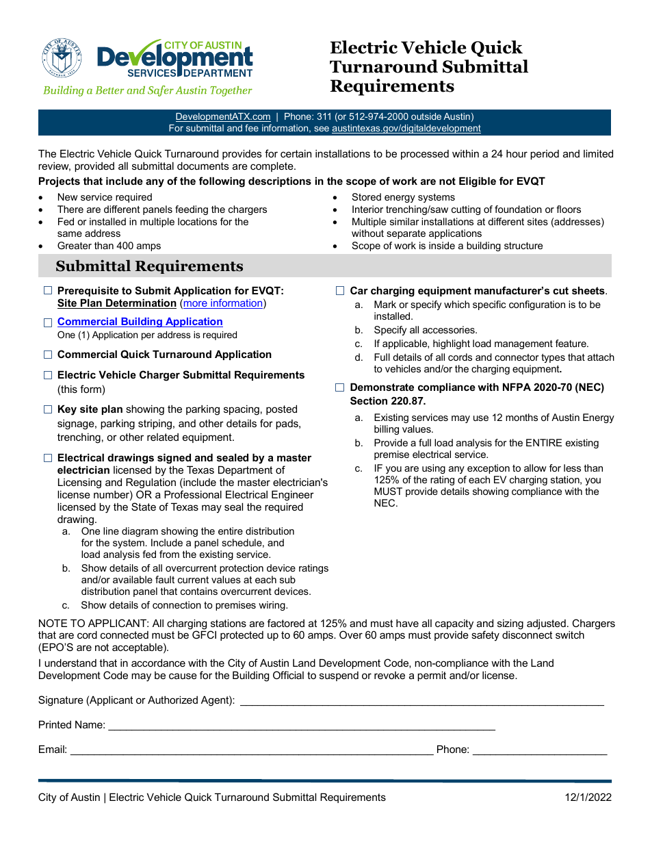 Electric Vehicle Quick Turnaround Submittal Requirements - City of Austin, Texas, Page 1