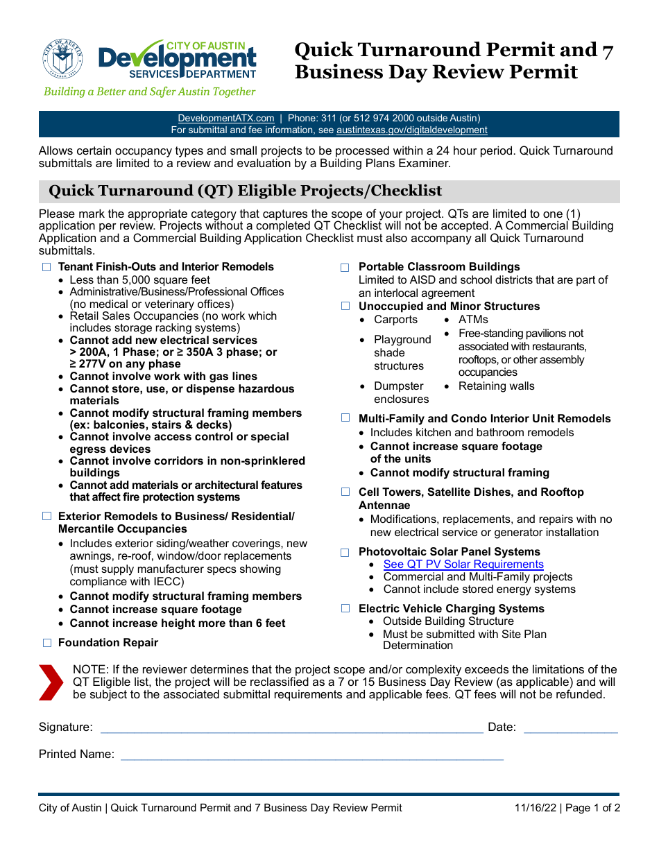 City of Austin, Texas Quick Turnaround Permit and 7 Business Day Review
