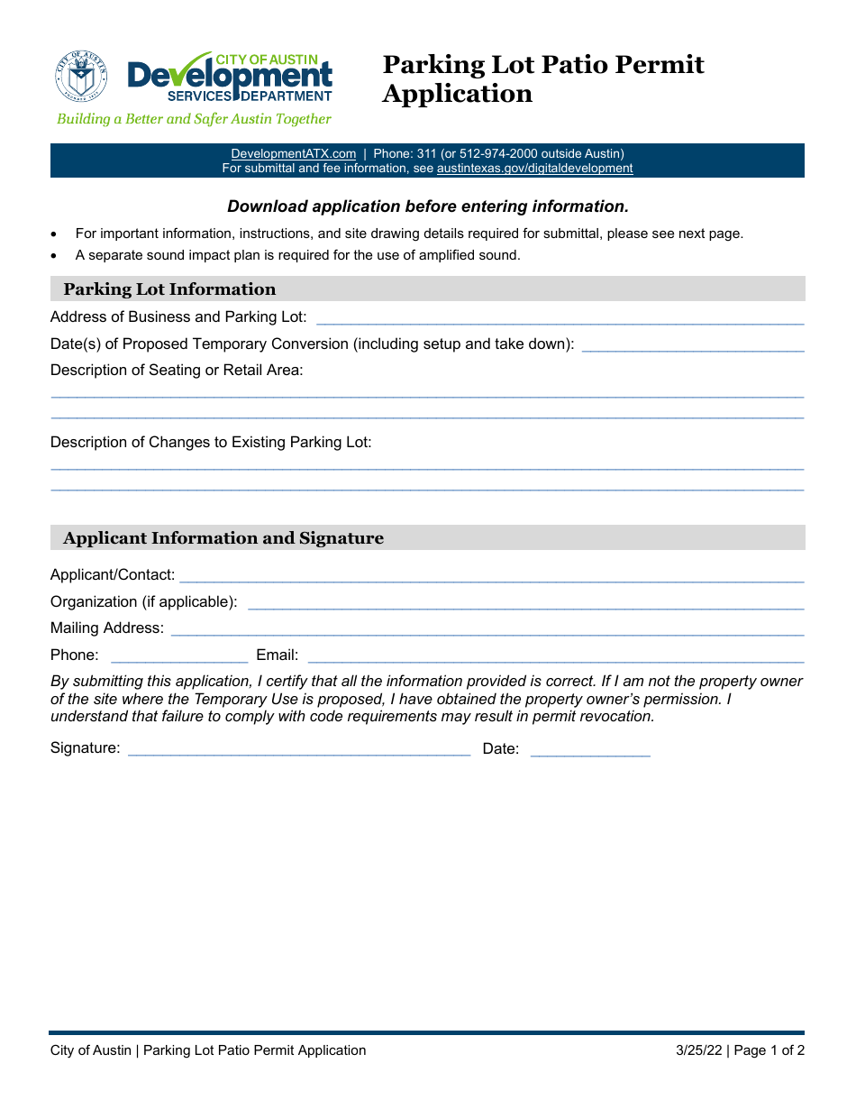 City of Austin, Texas Parking Lot Patio Permit Application Fill Out