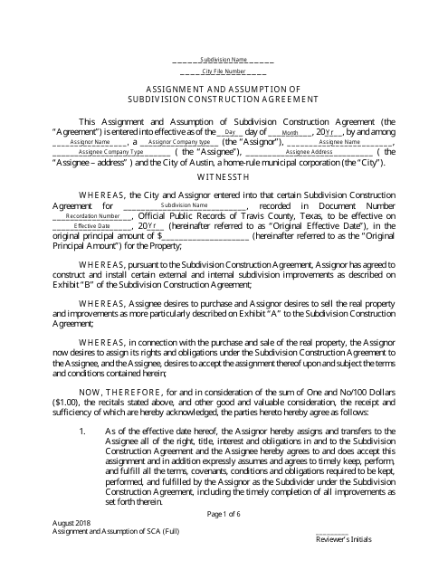 Assignment and Assumption of Subdivision Construction Agreement (Full-Escrow Only) - City of Austin, Texas Download Pdf