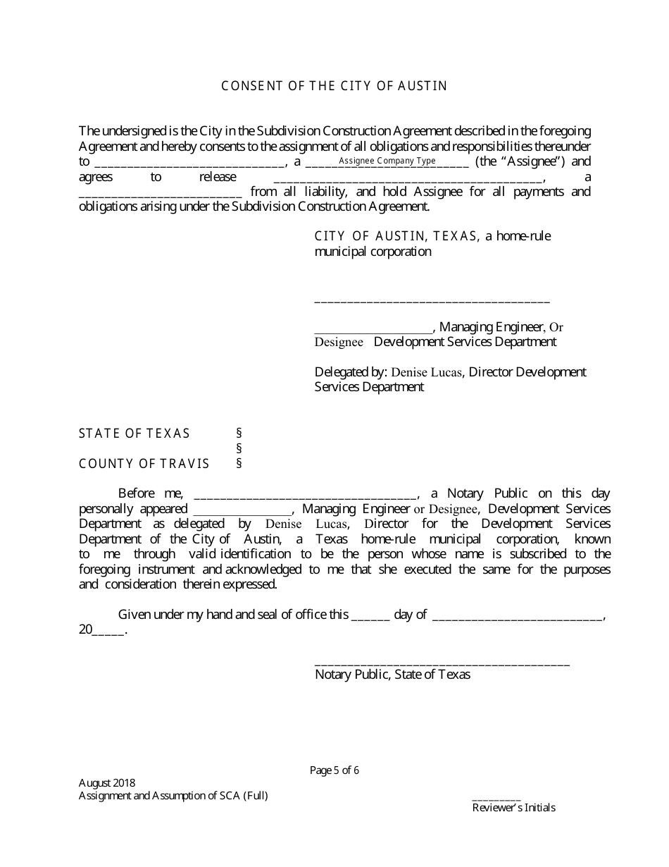 Assignment and Assumption of Subdivision Construction Agreement (Full-Escrow Only) - City of Austin, Texas, Page 5