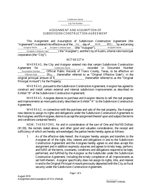 Assignment and Assumption of Subdivision Construction Agreement (Partial) - City of Austin, Texas