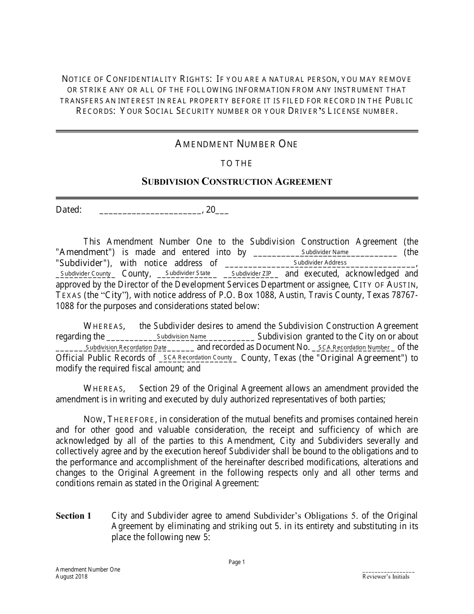 Amendment to Subdivision Construction Agreement - City of Austin, Texas, Page 1