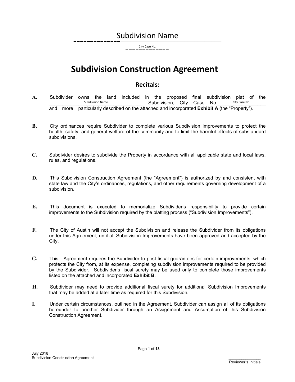 Subdivision Construction Agreement - City of Austin, Texas, Page 1