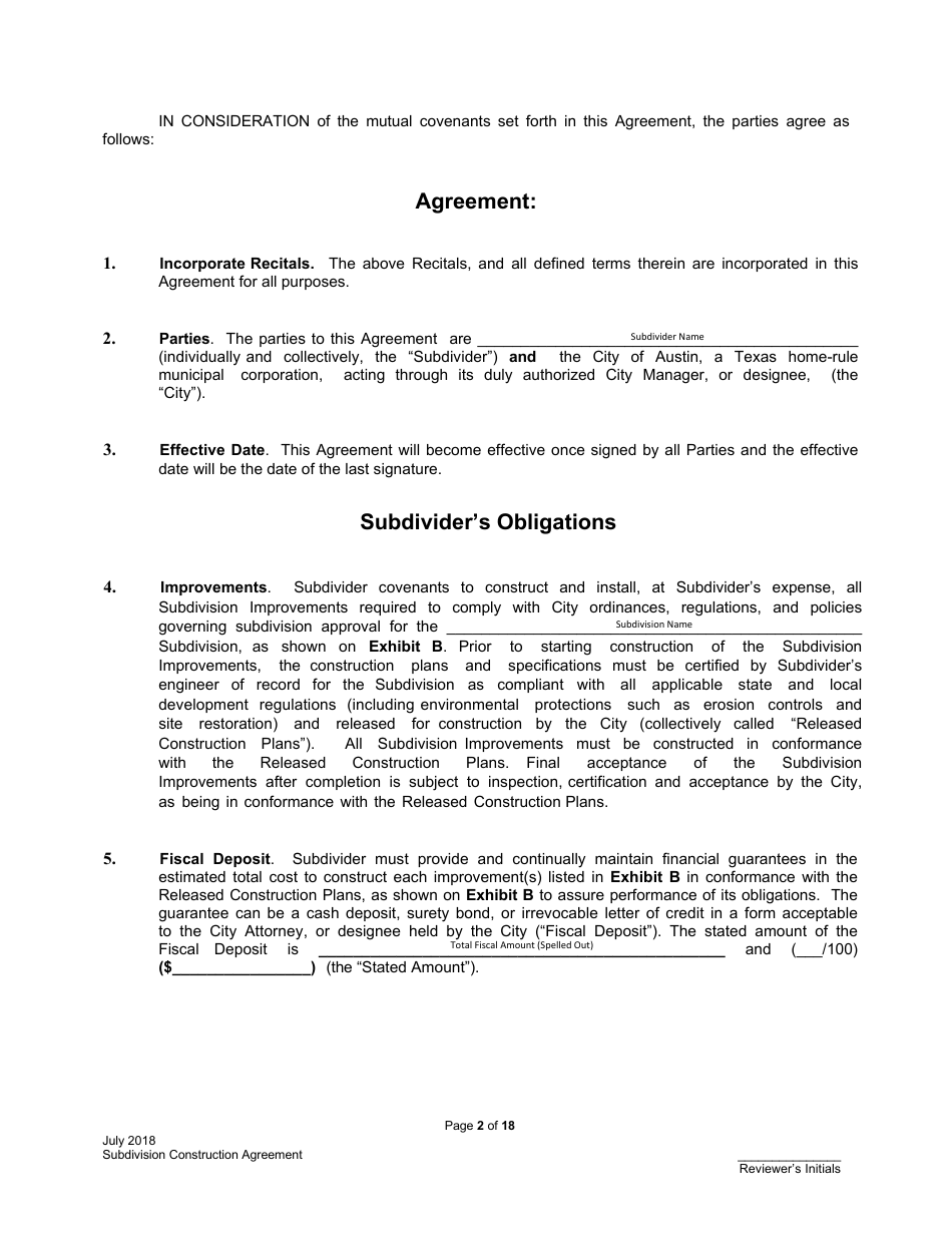 City of Austin, Texas Subdivision Construction Agreement - Fill Out ...