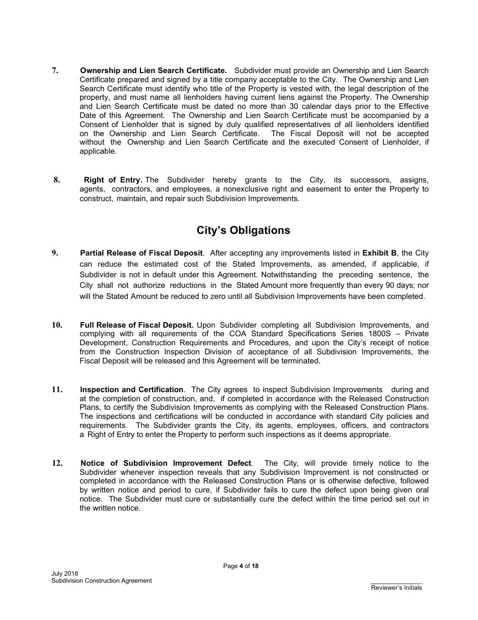 Subdivision Construction Agreement - City of Austin, Texas, Page 4