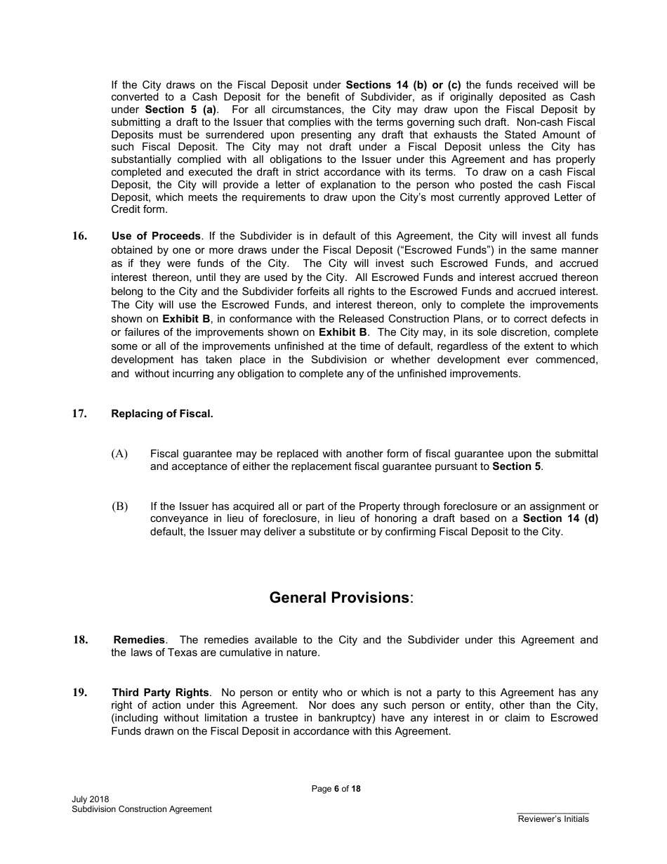 Subdivision Construction Agreement - City of Austin, Texas, Page 6