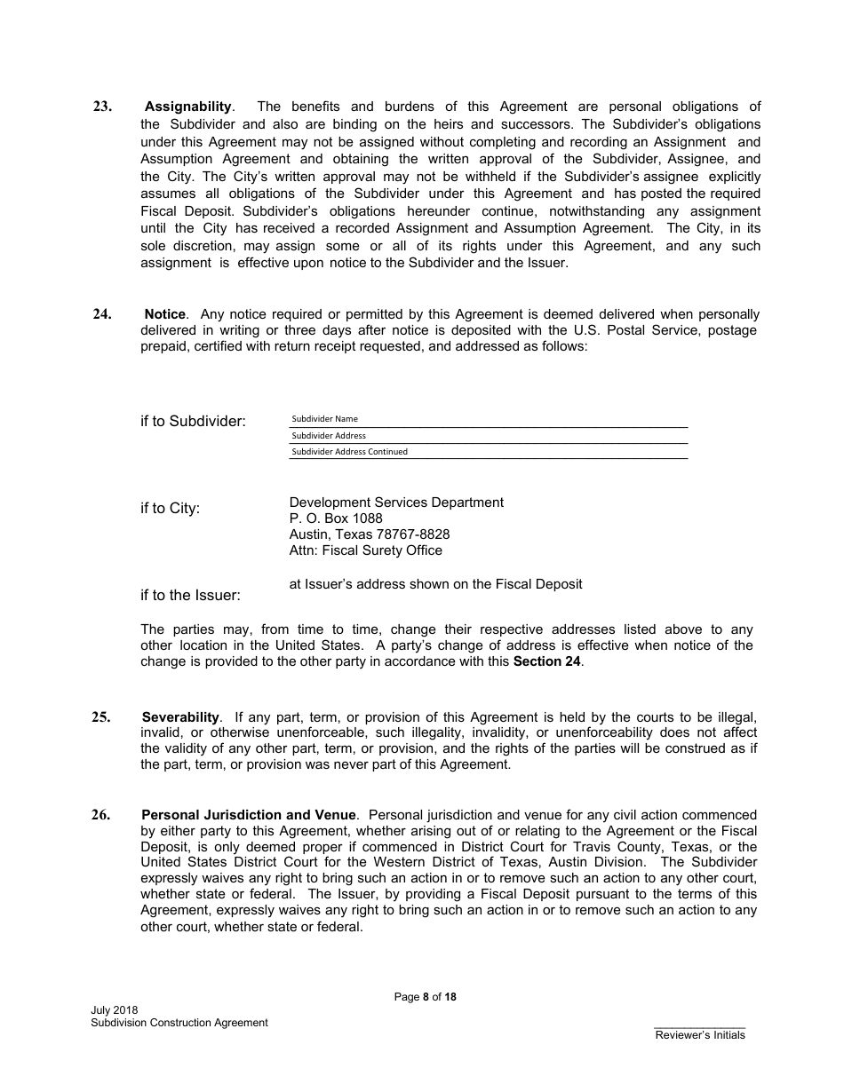 Subdivision Construction Agreement - City of Austin, Texas, Page 8