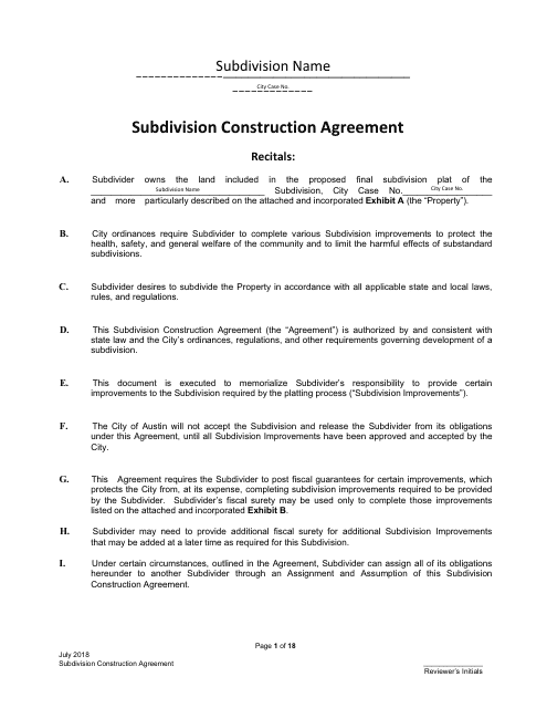 Subdivision Construction Agreement - City of Austin, Texas Download Pdf