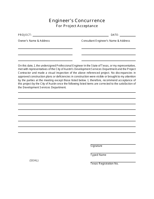 Engineer's Concurrence for Project Acceptance - City of Austin, Texas Download Pdf