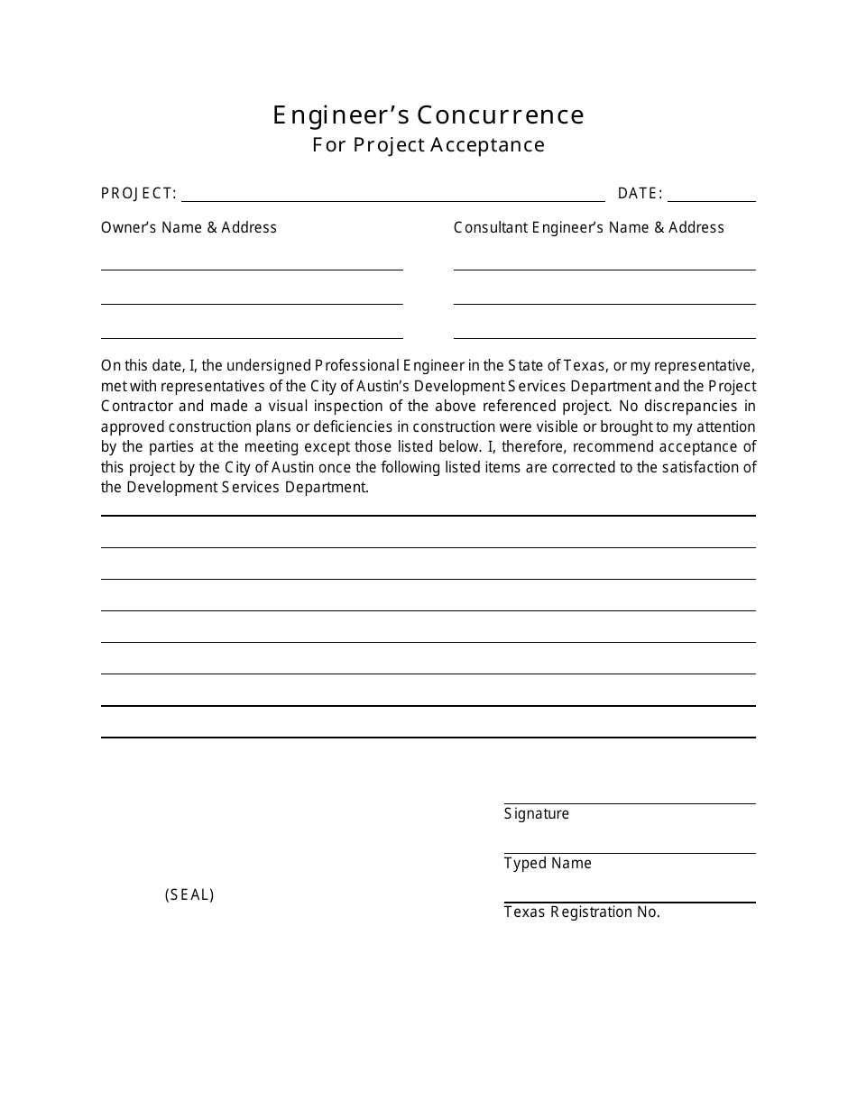 Engineers Concurrence for Project Acceptance - City of Austin, Texas, Page 1