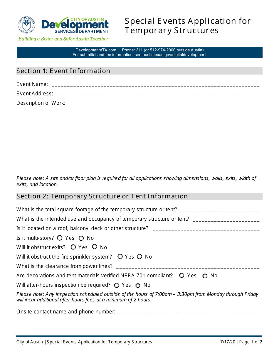 Special Events Application for Temporary Structures - City of Austin, Texas, Page 1