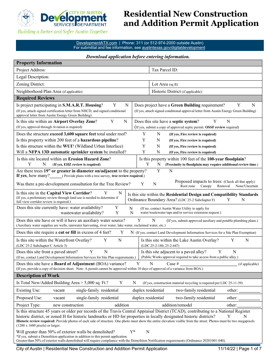 Residential New Construction and Addition Permit Application - City of Austin, Texas, Page 1