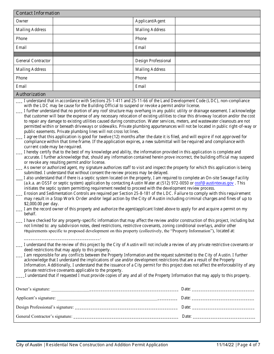 Residential New Construction and Addition Permit Application - City of Austin, Texas, Page 4