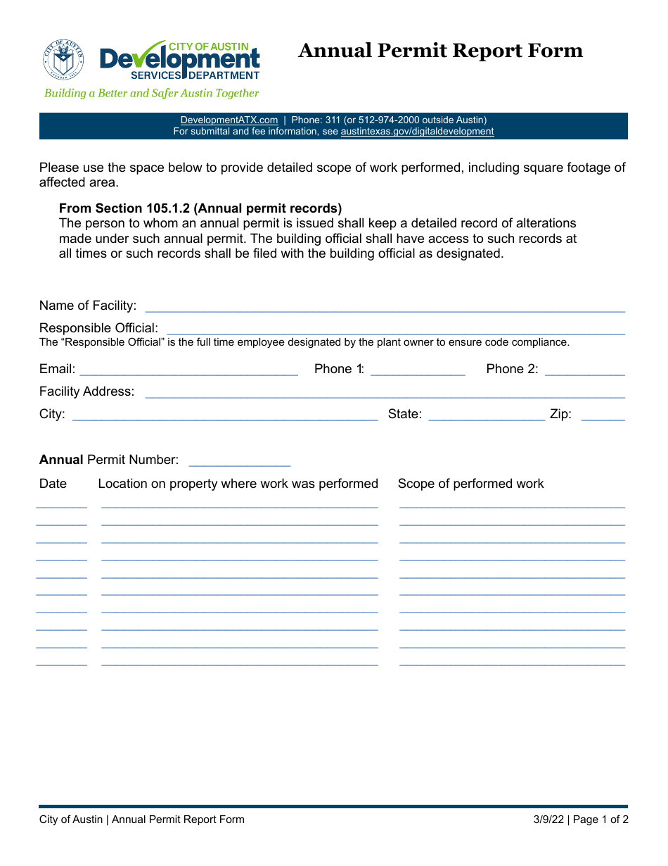 Annual Permit Report Form - City of Austin, Texas, Page 1